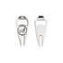 A golf divot tool featuring a ball marker and bottle opener in metallic silver with a logo.