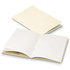 A soft cover notebook in cream, featuring lined pages and a simple design. It includes a logo on the cover.