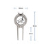 A metal golfers divot repair tool with a circular ball marker, featuring a logo and measuring 80mm by 35mm.