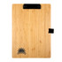 A bamboo A4 clipboard with a black clip and a logo on the bottom corner. The surface has a natural wood finish.