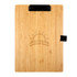 A bamboo A4 clipboard with a black clip, featuring a logo and a natural wood finish.