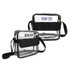 Clear shoulder crossbody bags in a rectangular shape, featuring a black strap and black accents. One bag displays a logo.
