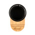 A black wire mesh pen tidy with a bamboo base. The base features a logo.