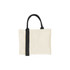 A cream horizontal canvas tote bag with black handles and a logo on one side.
