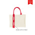 A cream horizontal canvas tote bag with red handles and a ribbon featuring a logo.