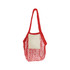 A red mesh tote bag with a cream cotton panel and shoulder straps. It features a logo on the front.