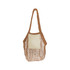 A mesh tote bag in brown with a solid cream pocket, featuring a handle for easy carrying.