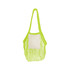 A mesh tote bag in vibrant lime green with a cream pocket and long straps. It includes a logo.