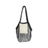 A black mesh tote bag with a cream cotton panel, featuring an attached strap for easy carrying.