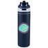 A drink bottle featuring a navy design with a flip straw lid and a logo on the front.