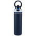 A drink bottle featuring a navy blue body, white accents, and a flip straw lid. It has a handle and a logo.