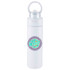 A drink bottle in white with a flip straw and a circular logo design on the front.