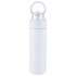 A drink bottle in white, featuring a flip straw and a looped cap. It has a logo on the surface.
