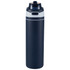 A drink bottle in navy blue with a flip straw top, featuring a logo and a sleek stainless steel design.