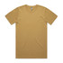 A faded mustard yellow T-shirt with short sleeves and a tag at the neckline, featuring a logo.