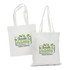 A white tote bag with green leaf designs and a logo. It features two sturdy handles for carrying.