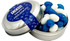 A tin container with a silver finish holds blue and white mini jelly beans. The lid has a festive design.
