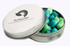 A silver tin containing tiny blue and green humbugs, with a logo on the lid.