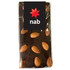 A chocolate bar with a dark coating and whole almonds scattered on top, sealed in clear packaging with a logo.
