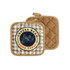 A medium quilted pot holder with a brown checkered pattern and a coffee bean graphic. It features a loop for hanging.
