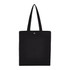 A black recycled cotton tote bag with two handles and a snap closure, featuring a logo.