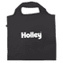 A black recycled PET bag with handles and a logo prominently displayed on the front.