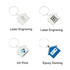 A house-shaped metal keyring in silver with a blue variant displayed, featuring various logo designs.