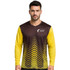 A unisex long-sleeve shirt in brown and yellow, featuring a sublimated zigzag design and a logo.