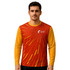 A long-sleeved shirt featuring a vibrant red and yellow design, made of 100% polyester micro mesh, with a logo.