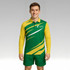 A long sleeve polo shirt in green and yellow with a logo and dynamic design elements.
