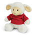 A fluffy white lamb plush toy wearing a red sweater, featuring large ears and a friendly expression.
