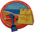 A colourful custom PVC coaster featuring a beach scene, a shovel, and a sandcastle with a logo.