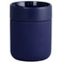 A ceramic tumbler in navy blue with a silicone wrap, featuring a smooth surface and a sleek design.
