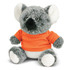 A grey koala plush toy wearing an orange shirt, featuring large eyes and soft fabric. It has a round nose and white accents.