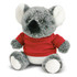 A grey koala plush toy with a black nose, wearing a red shirt, seated with its arms and legs outstretched.