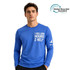 A blue unisex long-sleeve shirt with a crew neck, featuring a logo and text on the front.