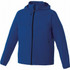 A blue lightweight men's jacket with a hood, featuring front zip pockets and a branded logo.