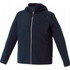 A men's lightweight jacket in navy blue with a hood, featuring a zip closure and one front pocket. It has a logo.