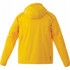 A bright yellow lightweight men's jacket with a hood, featuring a logo and detailed stitching along the back.