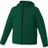 A green lightweight jacket with a hood and zippered front, featuring a logo on the chest.