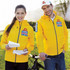 A lightweight jacket in bright yellow, featuring a logo, worn by two models outdoors, one with a bicycle.