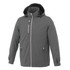 A grey men's rain jacket featuring a hood, zippered pockets, and a logo.