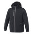 A men's rain jacket in dark black, featuring a hood and multiple zippered pockets. Includes a logo on the chest.