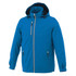 A blue men's rain jacket featuring a hood, zip closures, and pockets, with a logo on the chest.