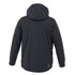 A black rain jacket featuring a hood and a logo on the back.