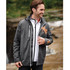 A grey rain jacket for men featuring a patterned design on one sleeve, with a hood and zippered pockets.