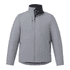 A light grey insulated puffer jacket with a high collar and multiple zip pockets. It features a logo on the front.