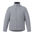 A grey packable insulated puffer jacket for men with zippered pockets and a high collar. It features branding on the sleeve.