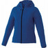 A blue lightweight jacket for women with a hood and zippered pockets, featuring a logo on the front. 