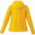 A bright yellow women's lightweight jacket with a hood and a branding logo on the back.